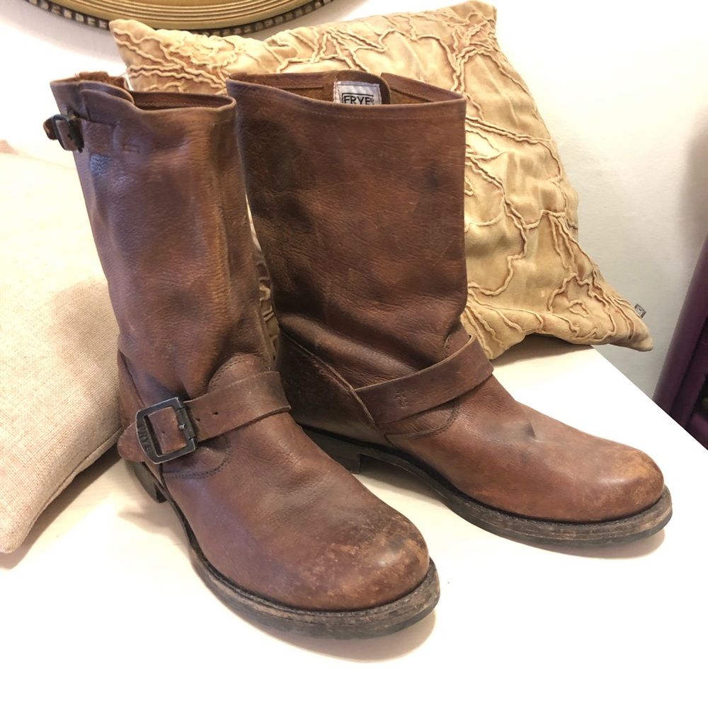 Distressed Frye leather motorcycle boots